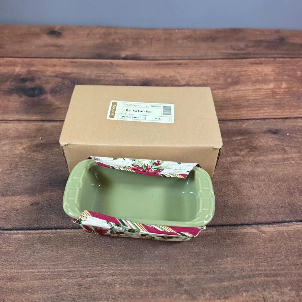 Longaberger Small Loaf Dish Pottery Sage Green Excellent Holiday Fabric Cover